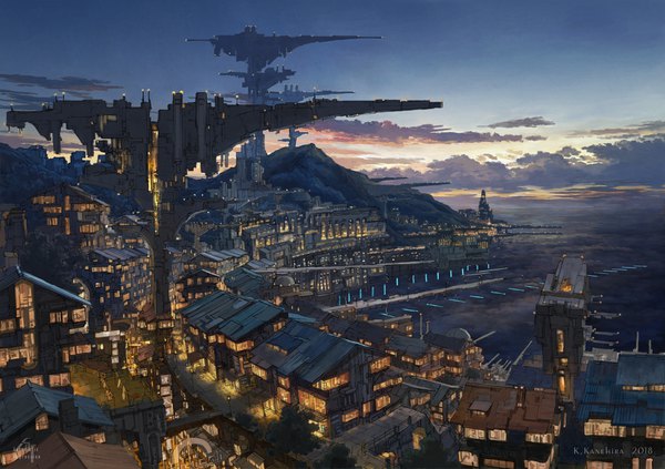 Anime picture 1600x1130 with original k kanehira signed sky cloud (clouds) city evening cityscape mountain no people fantasy scenic city lights logo 2018 sea building (buildings) arch pier