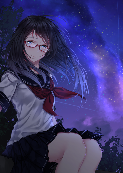Anime picture 1554x2174 with original saitou (lynx-shrike) single long hair tall image looking at viewer blush fringe blue eyes black hair standing sitting outdoors pleated skirt light smile wind night night sky tears girl