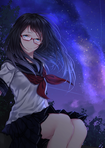 Anime-Bild 1554x2174 mit original saitou (lynx-shrike) single long hair tall image looking at viewer blush fringe blue eyes black hair standing sitting outdoors pleated skirt light smile wind night night sky tears girl