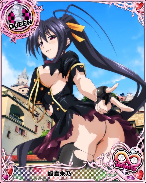 Anime picture 640x800 with highschool dxd himejima akeno single tall image looking at viewer blush breasts light erotic black hair purple eyes ass ponytail very long hair pantyshot torn clothes card (medium) girl thighhighs dress gloves
