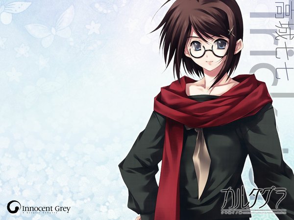 Anime picture 1024x768 with pianissimo innocent grey single short hair blue eyes brown hair girl glasses scarf red scarf