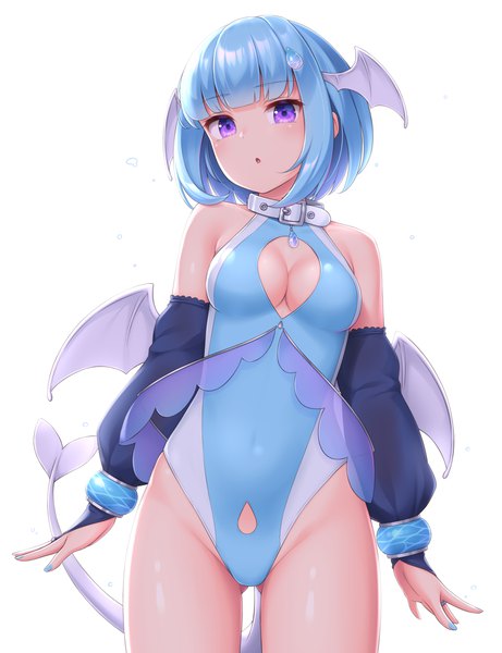 Anime picture 800x1040 with original sasaame single tall image looking at viewer blush fringe short hair breasts open mouth light erotic simple background smile standing white background purple eyes blue hair cleavage tail blunt bangs