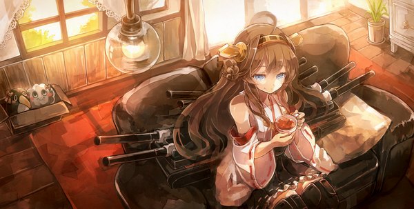 Anime picture 1800x911 with kantai collection kongou battleship failure penguin (kantai collection) 60mai single long hair highres blue eyes brown hair wide image sitting ahoge indoors traditional clothes japanese clothes from above hair bun (hair buns) looking up nontraditional miko girl