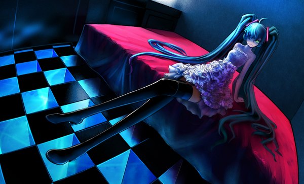 Anime picture 2753x1669 with vocaloid hatsune miku chevasis (artist) single long hair looking at viewer fringe highres wide image sitting twintails bare shoulders very long hair aqua eyes hair over one eye aqua hair alternate costume glowing glowing eye (eyes) checkered floor