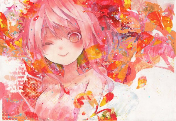 Anime picture 1000x693 with original nanashina (artist) single long hair looking at viewer blush smile bare shoulders pink hair one eye closed pink eyes wink girl