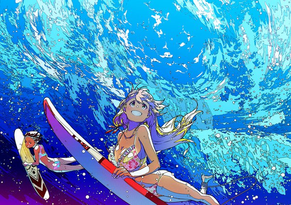 Anime picture 1754x1240 with original apapico long hair blush fringe highres short hair breasts blue eyes light erotic blonde hair smile hair between eyes brown hair multiple girls cleavage grin dark skin looking up underwater