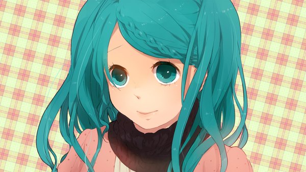 Anime-Bild 1800x1012 mit vocaloid hatsune miku single long hair highres wide image aqua eyes aqua hair plaid plaid background girl