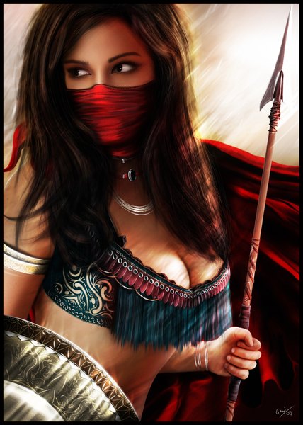 Anime picture 1417x1984 with original gerald jelitto single long hair tall image breasts light erotic black hair signed black eyes sunlight realistic framed girl weapon bracelet jewelry cloak mask spear