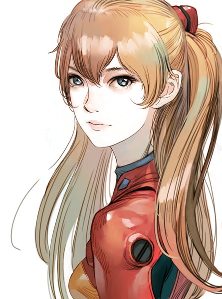 Anime picture 600x809 with neon genesis evangelion gainax soryu asuka langley tahra single long hair tall image looking at viewer fringe blue eyes simple background hair between eyes white background upper body orange hair two side up turning head portrait pale skin girl