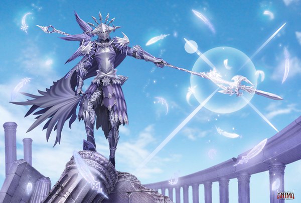 Anime picture 1891x1281 with anima single highres standing sky cloud (clouds) light ruins warrior weapon wings armor feather (feathers) cloak spear