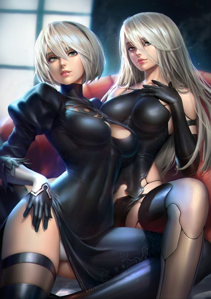 Anime picture 2480x3508 with nier nier:automata yorha no. 2 type b yorha type a no. 2 nudtawut thongmai long hair tall image looking at viewer fringe highres short hair breasts light erotic hair between eyes sitting bare shoulders multiple girls green eyes cleavage silver hair