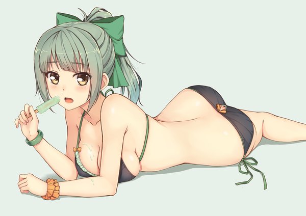 Anime picture 1200x848 with kantai collection yuubari light cruiser terras single long hair looking at viewer blush open mouth light erotic simple background yellow eyes ass green hair sideboob bare back girl bow swimsuit hair bow bikini