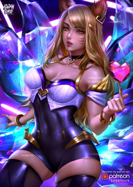 Anime picture 2471x3467 with league of legends k/da (league of legends) ahri (league of legends) k/da ahri logan cure single long hair tall image looking at viewer blush fringe highres breasts light erotic blonde hair large breasts standing bare shoulders signed animal ears