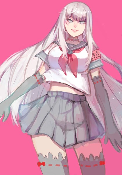 Anime picture 2480x3543 with yandere simulator megami saiko shioyuzu single long hair tall image looking at viewer fringe highres simple background smile standing silver hair pleated skirt short sleeves midriff zettai ryouiki pink background silver eyes smirk