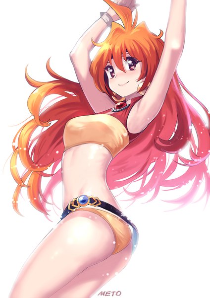 Anime picture 700x990 with slayers j.c. staff lina inverse meto31 single long hair tall image looking at viewer blush fringe breasts light erotic simple background smile hair between eyes standing white background brown eyes signed ahoge