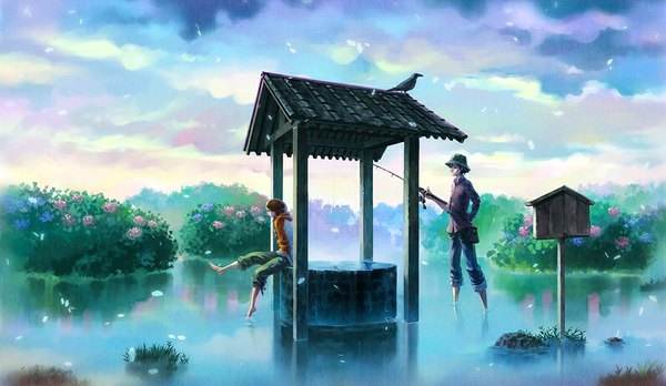 Anime picture 1000x580 with original oropi (artist) short hair brown hair wide image sitting holding sky cloud (clouds) barefoot fishing girl boy flower (flowers) plant (plants) hat animal shirt petals water