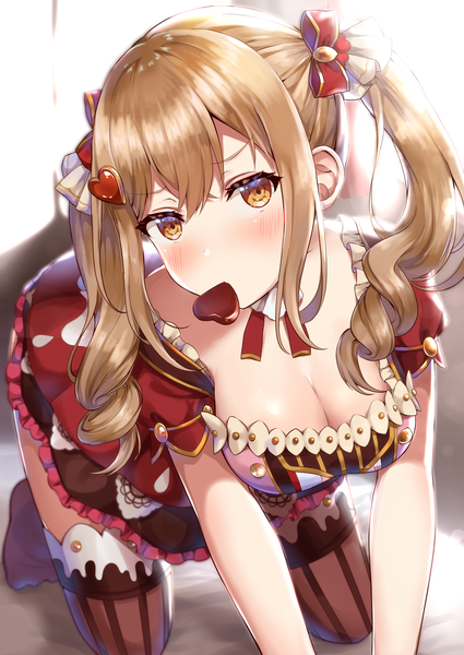 Anime picture 2081x2935 with bang dream! ichigaya arisa mia (fai1510) single long hair tall image looking at viewer blush fringe highres breasts light erotic blonde hair hair between eyes large breasts twintails holding yellow eyes payot cleavage