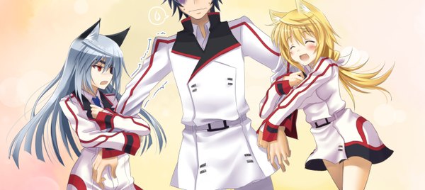 Anime picture 1453x650 with infinite stratos 8bit charles dunois laura bodewig orimura ichika okitakung long hair blush short hair open mouth black hair blonde hair red eyes wide image multiple girls animal ears silver hair eyes closed girl boy