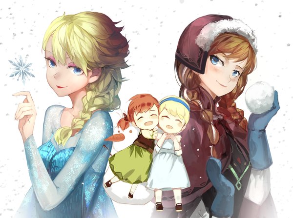 Anime-Bild 2000x1492 mit frozen (disney) disney elsa (frozen) anna (frozen) saberiii long hair looking at viewer blush highres blue eyes blonde hair brown hair multiple girls braid (braids) single braid chibi girl dress gloves 2 girls