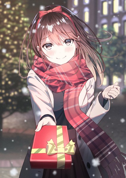 Anime picture 1131x1600 with original koh rd single long hair tall image looking at viewer blush fringe smile hair between eyes brown hair purple eyes outdoors snowing christmas outstretched hand girl bow hair bow scarf