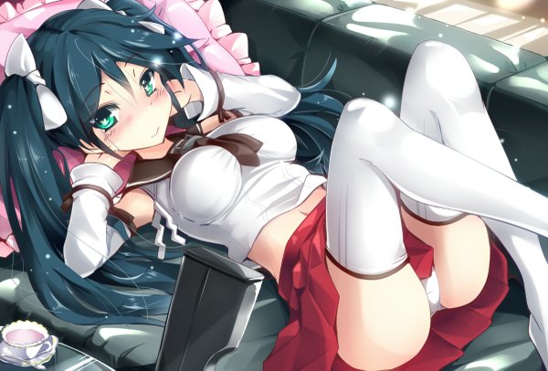 Anime picture 1200x813 with kantai collection isuzu light cruiser natsu (anta tte hitoha) single long hair looking at viewer blush breasts light erotic black hair twintails green eyes lying from above bare belly on back pantyshot arms behind head girl thighhighs