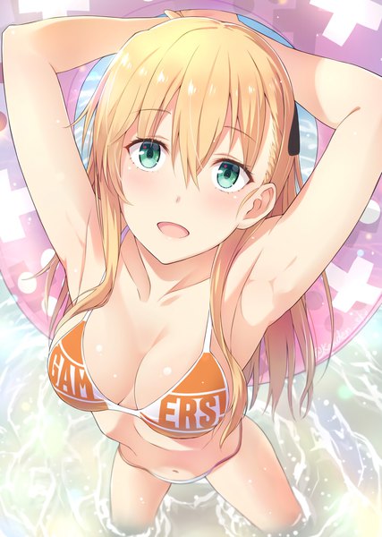 Anime picture 1424x2000 with gamers! pine jam tendou karen kanden sky single long hair tall image looking at viewer blush fringe breasts open mouth light erotic blonde hair hair between eyes large breasts green eyes from above arms up armpit (armpits)