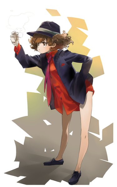 Anime picture 1000x1600 with tantei monogatari nansui kinoko tall image blush short hair simple background brown hair standing brown eyes hand on hip steam girl gloves hat shirt necktie cup red shirt