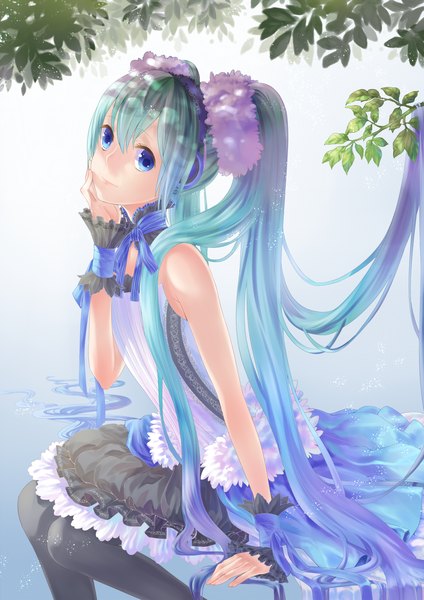 Anime picture 1000x1414 with 7th dragon vocaloid hatsune miku haneru tall image looking at viewer blue eyes smile sitting twintails very long hair aqua hair sleeveless dress hair ornament pantyhose choker frills headphones leaf (leaves)