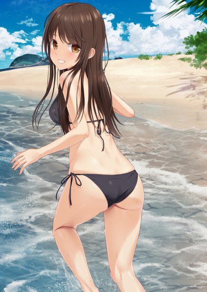 Anime picture 724x1023 with original n.g. single long hair tall image blush fringe breasts light erotic smile brown hair bare shoulders brown eyes sky cloud (clouds) bent knee (knees) outdoors ass looking back from behind