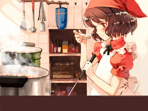 Anime picture 1024x768 with quartett! littlewitch lina junhers oyari ashito single blush short hair brown hair brown eyes cooking girl food apron bandana kitchen ladle whisk oven mittens