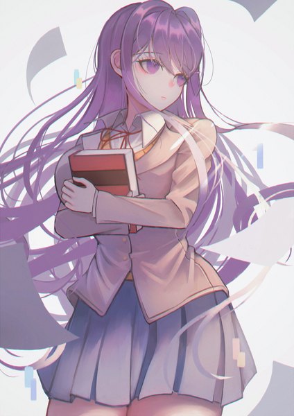Anime picture 2480x3506 with doki doki literature club yuri (doki doki literature club) wny (wnys art) single long hair tall image blush fringe highres breasts simple background standing purple eyes holding payot looking away purple hair long sleeves pleated skirt floating hair