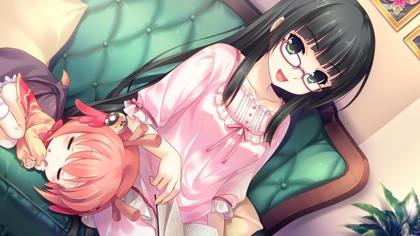 Anime picture 2048x1152 with guardian place skyfish (studio) suminoin ouka saeki hokuto long hair looking at viewer highres open mouth black hair wide image sitting green eyes game cg sleeping chibi girl dress glasses book (books)