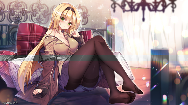 Anime picture 1920x1080 with girls frontline m1 garand (girls frontline) maett single long hair looking at viewer blush fringe highres breasts light erotic blonde hair hair between eyes wide image large breasts sitting green eyes signed cleavage full body