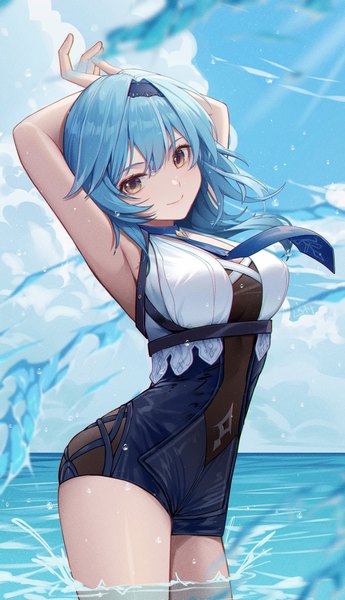Anime picture 2300x4000 with genshin impact eula lawrence zx961219 single long hair tall image looking at viewer fringe highres hair between eyes standing yellow eyes blue hair sky cloud (clouds) arms up partially submerged girl sea