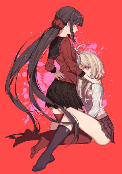 Anime picture 1000x1414 with dangan ronpa new danganronpa v3 akamatsu kaede harukawa maki zuizi long hair tall image looking at viewer light erotic black hair blonde hair simple background sitting twintails multiple girls payot full body ahoge very long hair profile