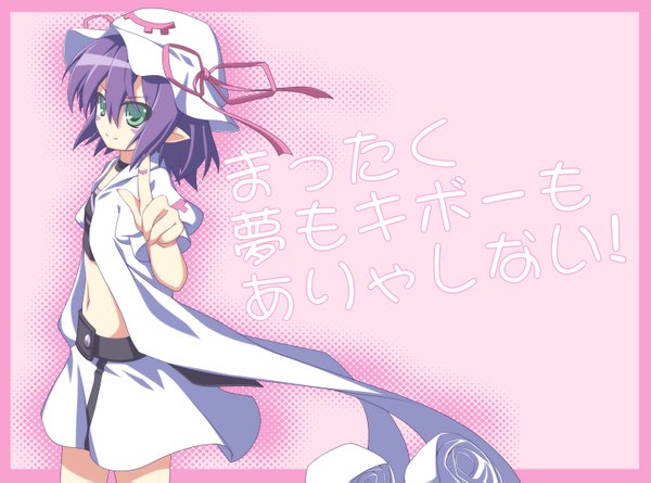 Anime picture 1452x1079 with yumekui merry merry nightmare single short hair simple background green eyes purple hair pointy ears midriff girl ribbon (ribbons) choker bonnet