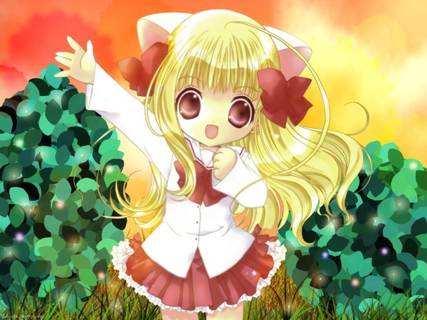 Anime picture 2048x1536 with pita ten uematsu koboshi koge donbo single long hair looking at viewer fringe highres open mouth blonde hair brown eyes animal ears payot ahoge long sleeves pleated skirt arm up sunlight cat ears loli