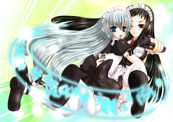 Anime picture 1000x707 with ar tonelico ar tonelico ii gust (company) jacqli shurelia (ar tonelico) inumori sayaka long hair looking at viewer fringe open mouth blue eyes black hair smile hair between eyes red eyes multiple girls payot silver hair full body braid (braids)