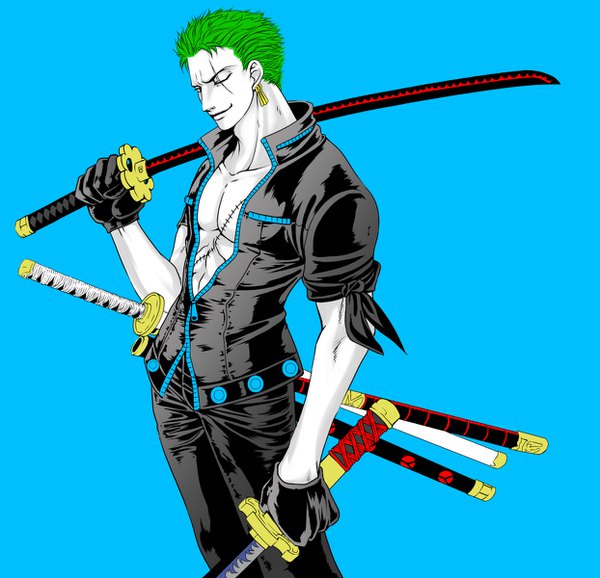 Anime-Bild 1244x1200 mit one piece one piece film: gold toei animation roronoa zoro danbat miho single short hair simple background standing holding one eye closed green hair light smile scar blue background dual wielding unzipped weapon over shoulder boy gloves