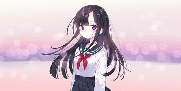 Anime picture 3199x1618 with original urim (paintur) single long hair looking at viewer blush fringe highres black hair simple background wide image standing purple eyes pleated skirt mole mole under mouth expressionless girl skirt uniform