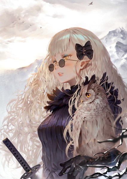 Anime picture 2098x2962 with original toriumi harumi single long hair tall image blush fringe highres blonde hair yellow eyes looking away upper body outdoors blunt bangs parted lips pointy ears mountain slit pupils revision messy hair