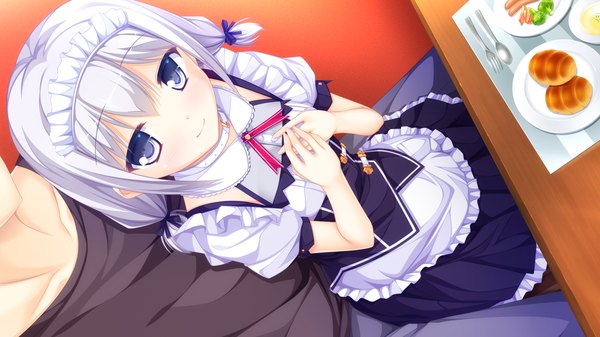 Anime picture 1920x1080 with world election whirlpool (studio) chiko (world election) looking at viewer highres short hair blue eyes smile wide image sitting game cg white hair maid girl dress boy uniform headdress maid headdress