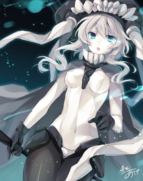 Anime picture 1023x1292 with kantai collection wo-class aircraft carrier toosaka asagi single long hair tall image looking at viewer aqua eyes grey hair teeth covered navel pale skin shinkaisei-kan girl gloves black gloves cape bodysuit staff monster