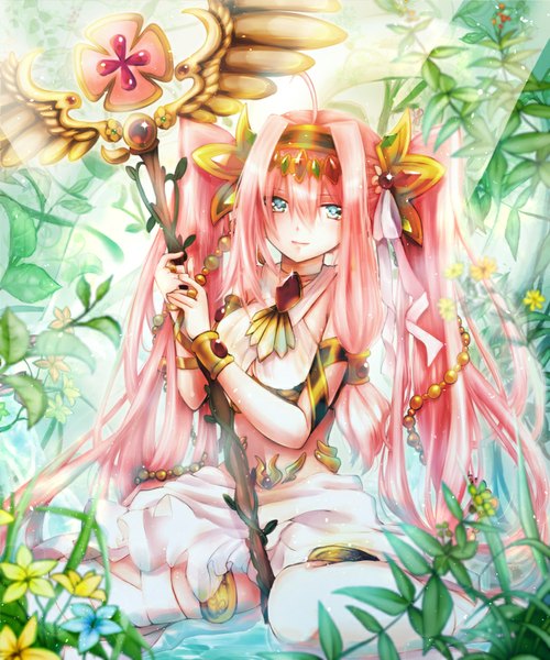 Anime picture 833x1000 with original fulunukko single tall image blush fringe breasts blue eyes smile sitting twintails holding looking away pink hair ahoge very long hair light smile bare belly girl flower (flowers)