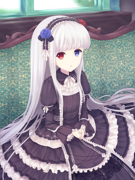 Anime picture 1800x2400 with original coffee1223 single tall image looking at viewer highres white hair very long hair loli heterochromia lolita fashion girl dress frills couch lolita hairband