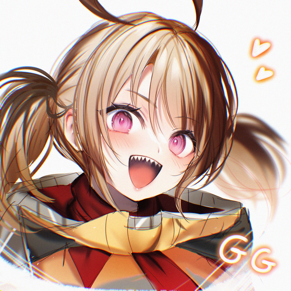 Anime-Bild 2499x2499 mit virtual youtuber hololive hololive english gigi murin maruccy single looking at viewer highres short hair open mouth brown hair purple eyes twintails upper body ahoge :d teeth short twintails portrait sharp teeth