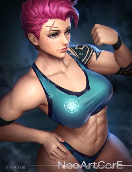 Anime picture 800x1040 with overwatch blizzard entertainment zarya (overwatch) nudtawut thongmai single tall image short hair breasts blue eyes light erotic standing signed looking away pink hair nail polish light smile from above lips realistic tattoo