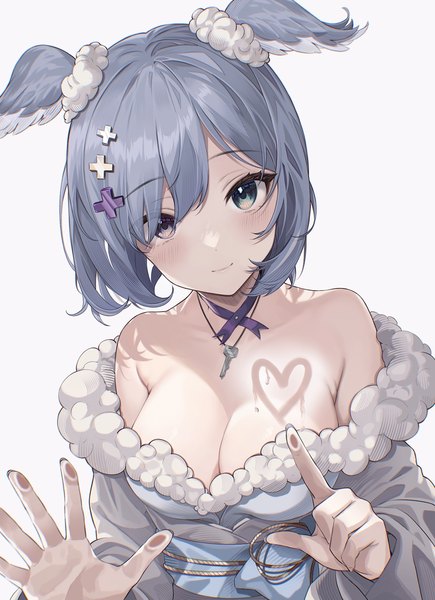 Anime picture 1300x1795 with virtual youtuber nijisanji nijisanji en elira pendora elira pendora (2nd costume) soybean (hisoybean) single tall image looking at viewer short hair breasts light erotic simple background smile large breasts white background blue hair cleavage upper body heterochromia
