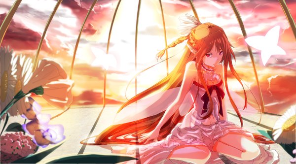 Anime picture 1350x750 with sword art online a-1 pictures yuuki asuna titania (alo) single long hair blonde hair red eyes wide image cloud (clouds) pointy ears girl dress flower (flowers) cage