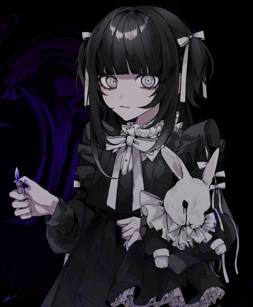 Anime picture 1687x2048 with original 402 (o0 xxx) single long hair tall image looking at viewer fringe black hair simple background blunt bangs grey eyes two side up black background lolita fashion goth-loli girl dress ribbon (ribbons) hair ribbon animal